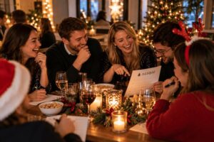 Kollegaer griner og svarer på spørgsmål om hinanden under en julequiz